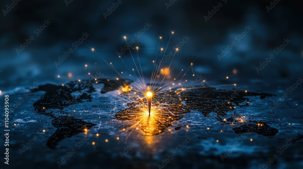 Aufkleber illuminated push pin on global map highlighting connections digital art dark background unique persp