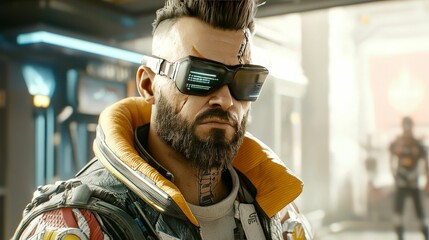 Fototapeta premium dystopia society concept. A futuristic character with a stylish beard and sunglasses, dressed in a high-tech outfit, stands in a vibrant, urban environment.