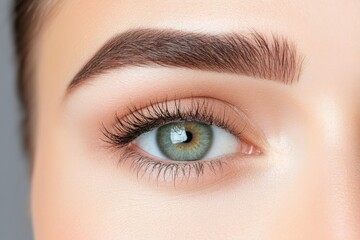 A high-definition closeup of a captivating blue-green eye with expertly groomed and detailed eyebrows, showcasing natural beauty and intricate detail, exuding emotion.