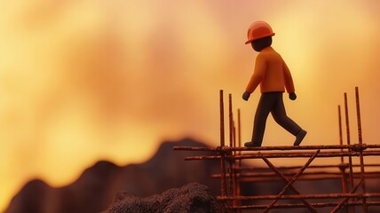 Naklejka premium Miniature figure concept. A miniature figure of a construction worker walking on scaffolding at sunset.