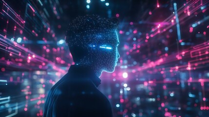 Man accessing online network and AI tools, with holographic graphics symbolizing information flow