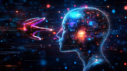 Man accessing virtual AI tools, with holographic graphics representing information and data flow