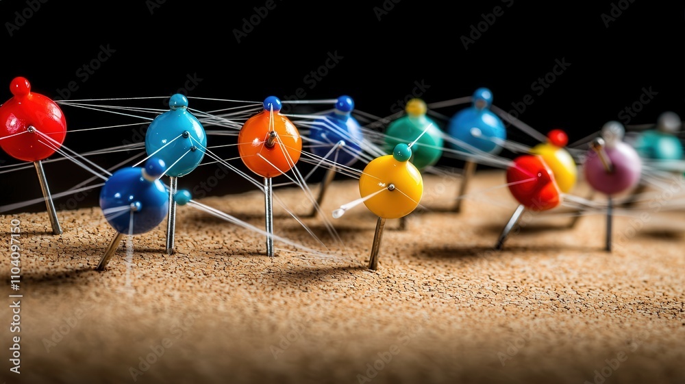 Poster colorful pins connected by threads creative workspace visual representation indoor close-up collabor