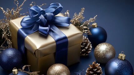 A beautiful top view Christmas present wrapped in gold paper with a blue ribbon, surrounded by festive ornaments and stars on a blue background. Perfect for holiday celebrations and gift-giving ideas

