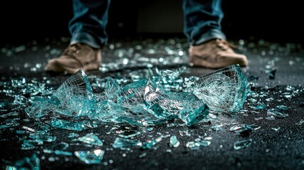 Close-up of shattered glass in urban setting high-detail photography capturing dramatic emotions in darkness