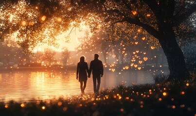 Fototapeta premium Romantic Sunset Stroll by the Water