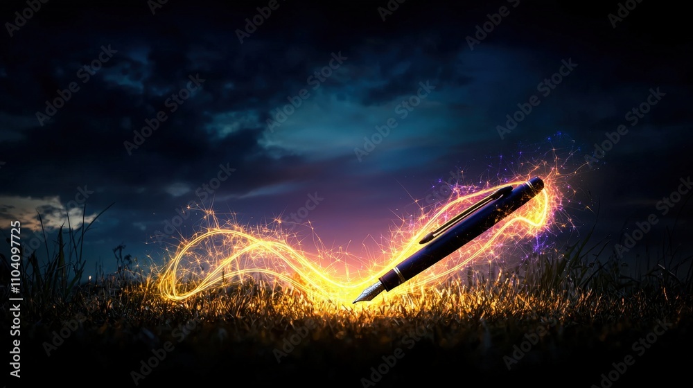 Aufkleber illuminated pen creating a glowing trail in the night sky abstract art digital environment creative 