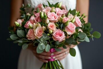 In this image, a bride's hands tenderly grasp a lush bouquet of delicate pink roses and buds, symbolizing love and purity amidst the celebration of her marriage.