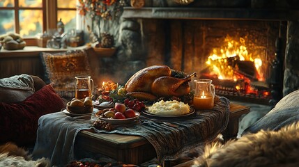 A cozy Thanksgiving dinner by a roaring fireplace, a small table set with roasted turkey, mashed potatoes, and warm apple cider, surrounded by plush cushions and blankets,
