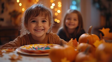 Fototapeta premium A cozy Thanksgiving scene for kids, a small table with playful plates, crafting supplies like markers and glitter, a centerpiece of mini pumpkins and bright leaves,