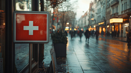 Obraz premium A red cross sign illuminates a bustling street scene, reflecting the wet pavement and hinting at nearby shops and pedestrians in a vibrant city atmosphere.