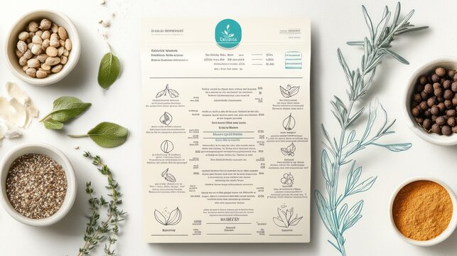 A layout featuring herbs, spices, and a detailed informational sheet.