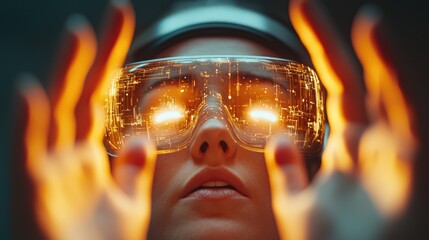 Futuristic VR glasses. VR headset glowing with pulsing lights, person reaching out towards virtual objects, immersive interaction