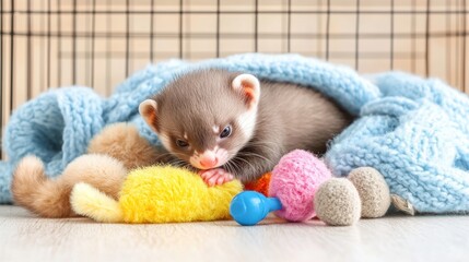 Baby ferret playing with toys in cage.