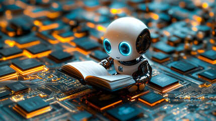 Cute robot reading book in fantasy futuristic background .AI training and learning .