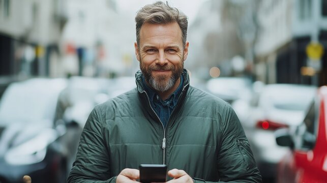 A cheerful man in a green jacket and facial hair stands outdoors, smiling while interacting with his smartphone, exuding a sense of contentment and connection.