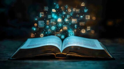 Fototapeta premium Open book with digital icons flowing from the pages, representing modern learning and information access
