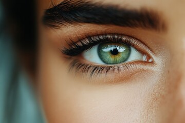 Obraz premium An abstract close-up image capturing the vivid details and textures of a human eye, with striking colors of the iris and fine details of the skin and lashes.