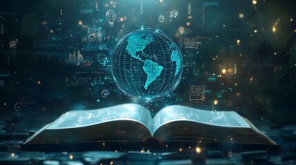 Open book with globe and various symbols, representing global education and diverse knowledge