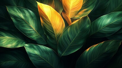 A close-up of vibrant green and yellow leaves creating a lush, tropical atmosphere.