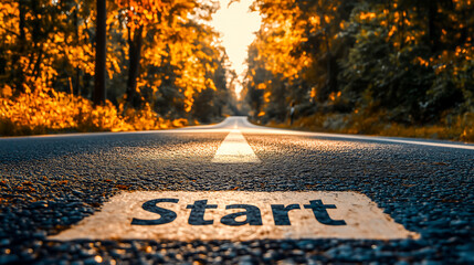 "Start" written on asphalt road with sunflare and beautiful nature scene .