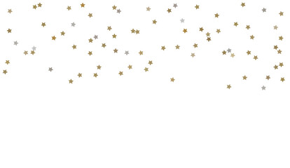 Little golden silver glittering star shaped confetti isolated on background. Falling tinsel. Festive party decoration. New Year, birthday, winner celebration concept. Vector illustration banner