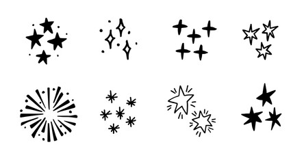 Hand drawn stars, sparkle doodles isolated on background. Black vector icon graphic elements. Fireworks, sunburst, star burst or explosion clipart set. Festive celebration vector illustration objects.