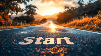 "Start" written on asphalt road with sunflare and beautiful nature scene .