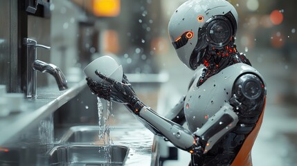 Fototapeta premium Futuristic ai robot washing dishes at kitchen sink