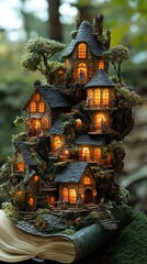Fototapeta premium Miniature village emerges from open storybook with glowing windows