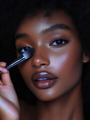 Young woman with natural curls applying highlighter