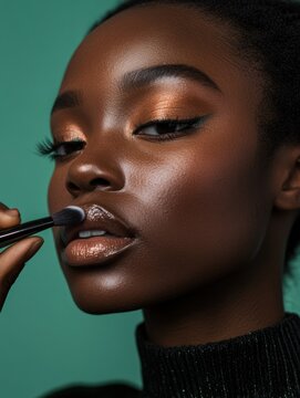 Close-up of woman with copper-toned eye makeup