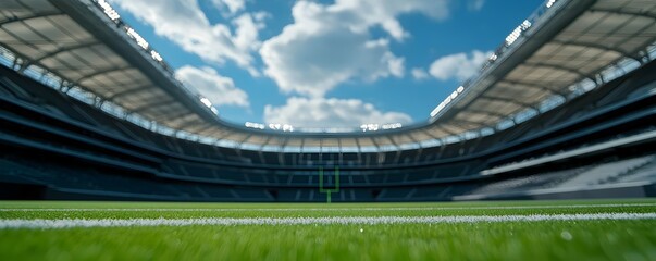 Contemporary American Football Stadium Architecture - Inviting Minimalistic Design with Detailed Seats and Grass Field Under Blue Skies and Clouds