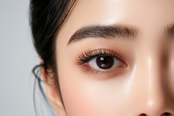 Obraz premium A detailed close-up shot of an eye with perfectly applied natural makeup and a defined eyebrow, highlighting beauty and elegance in a subtle manner.