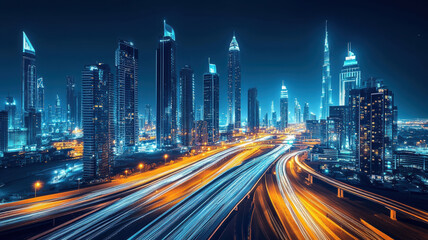 Obraz premium Cars on the highway with blue and yellow light trails