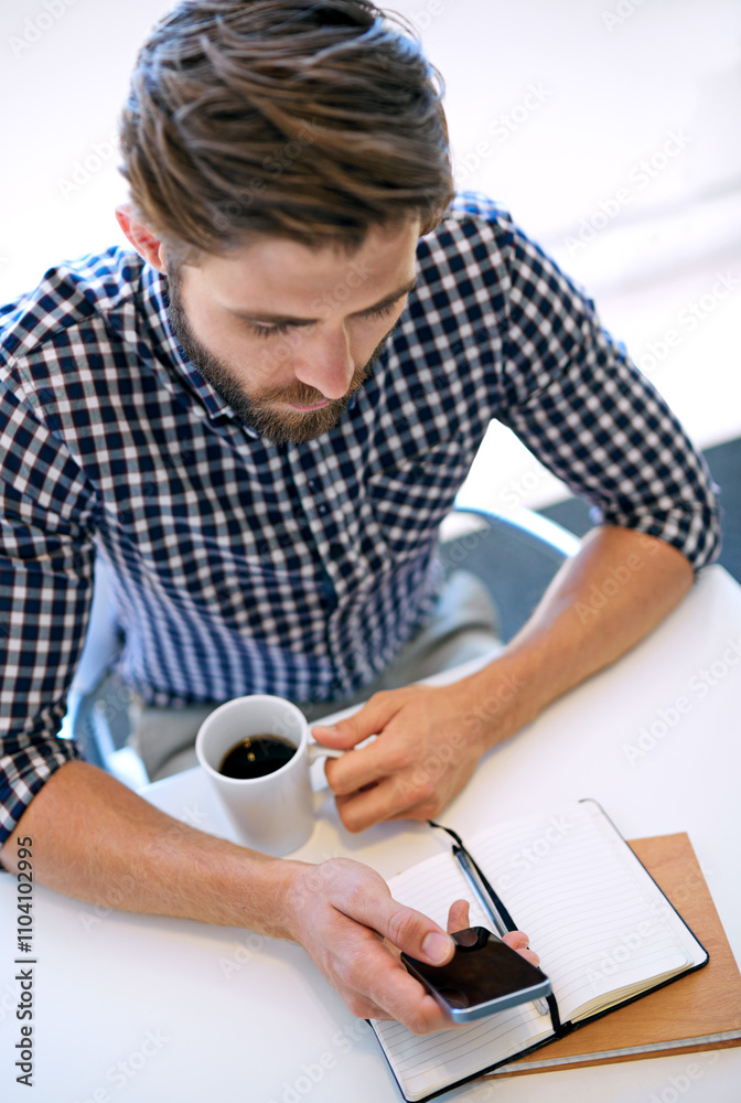Aufkleber Office, businessman and smartphone with notebook for email notification, social media and post on break. Above, male person and text message on app with coffee for communication and networking