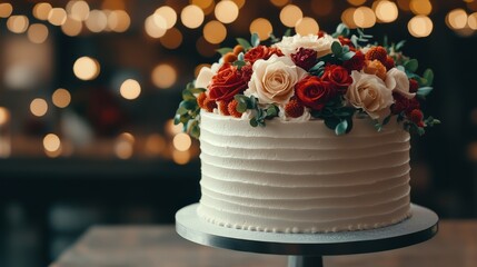 A beautifully crafted wedding cake decorated with lush red and white roses, showcasing elegance and sophistication at a festive celebration, perfectly illuminated.