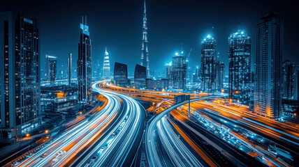 Obraz premium Busy city highway with skyscrapers glowing