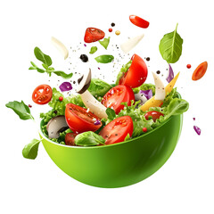 Healthy Salad in Green Bowl with Fresh Vegetables, cutout, isolated on white background
