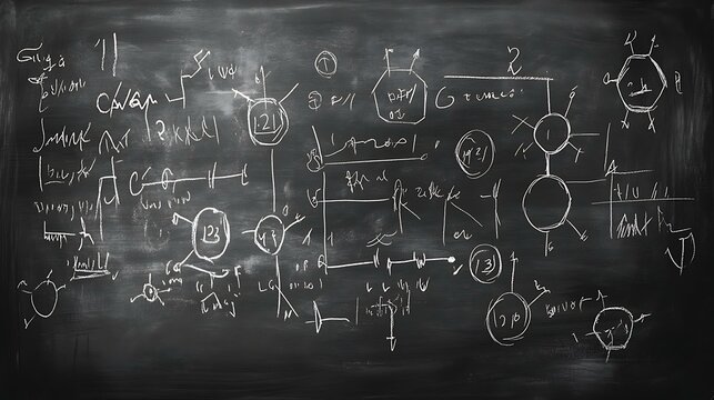 Scientific blackboard with various chemical symbols, formulas, and atomic structures drawn in chalk