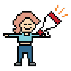 Obraz premium Cute pixel cartoon character woman with megaphone announcement speaker information announce decoration 8 bit female girl lady megaphone cartoon pixel game png vector.