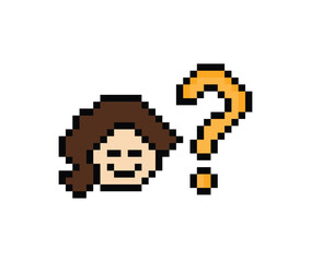 Fototapeta premium Cute pixel cartoon character woman with question mark decoration 8 bit female girl lady confused idea question think choose cartoon pixel game png vector.