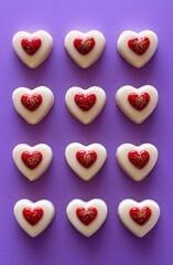 Obraz premium Cioccolatini a forma di cuore disposti in file e colonne, ognuno è bianco con cuori rossi al loro interno, su uno sfondo viola