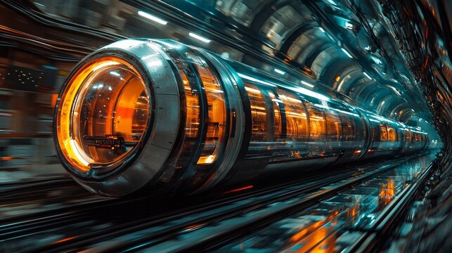 hyperloop transport system speeds high tech tunnel highlighting its sleek capsule and advanced engineering. Bright lights emphasize motion and futuristic design.