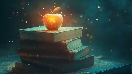 Stack of books with a glowing apple on top, symbolizing wisdom and the pursuit of education