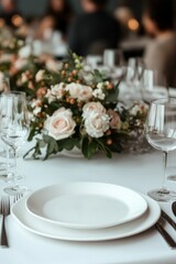 Fototapeta premium A beautifully arranged table setting with soft pink roses and fine glassware creates a refined and elegant atmosphere, ideal for a formal dining experience or celebration.