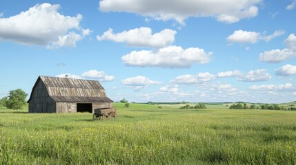 Obraz premium Serene Rustic Barn on the Prairie with Wooden Wagon - Ultra-Detailed Photorealistic Image