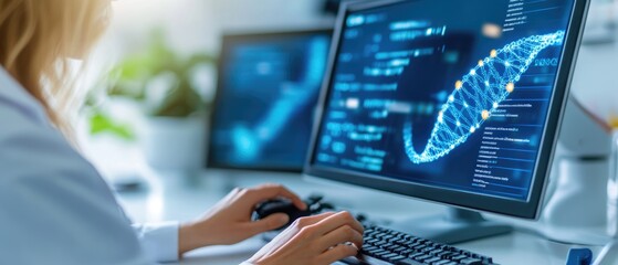 Forensic expert. A high-tech forensic lab with glowing digital DNA structures on screens and an expert inputting data into a terminal