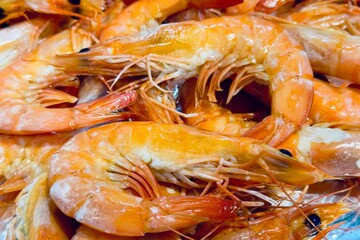 Cooked shrimp, which should be steamed or boiled. Ready-to-eat food, as can be identified by the bright orange shell and shiny appearance. The shrimp are arranged closely together.