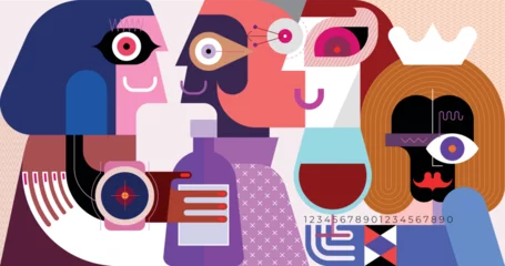A group of friends are having fun at a cocktail party. Geometric vector illustration.